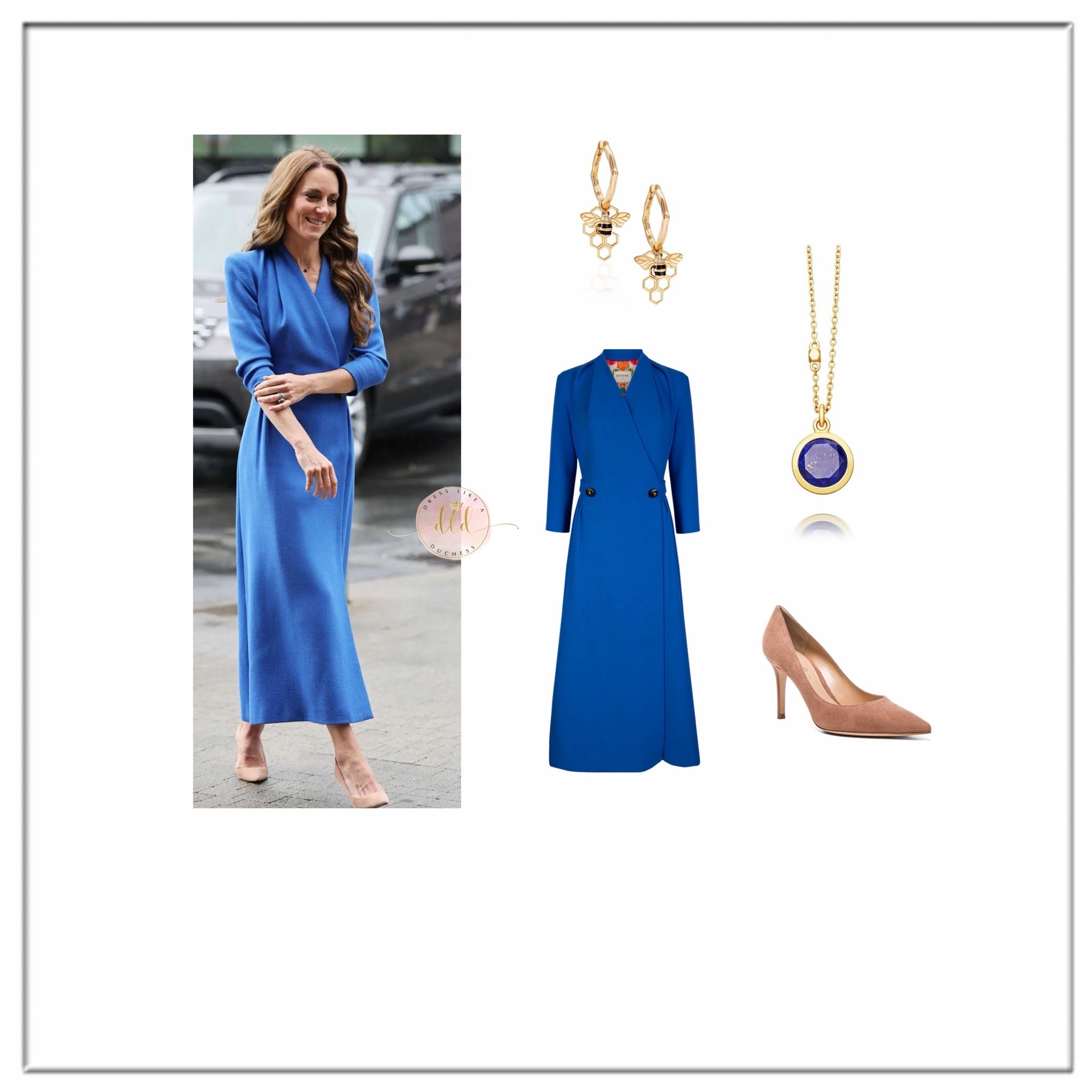 6/4/26 Kate Middleton wearing past season Eponine London dress + Astley Clarke lapis necklace + Gianvito Rossi heels for a visit to The Christie NHS Foundation Trust in Manchester
