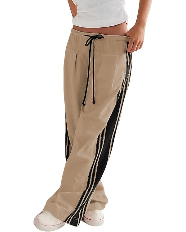 Hongsui Women's Wide Leg Pants Drawstring High Rise Side Striped Slouchy Palazzo Pants with Pocke... | Amazon (US)