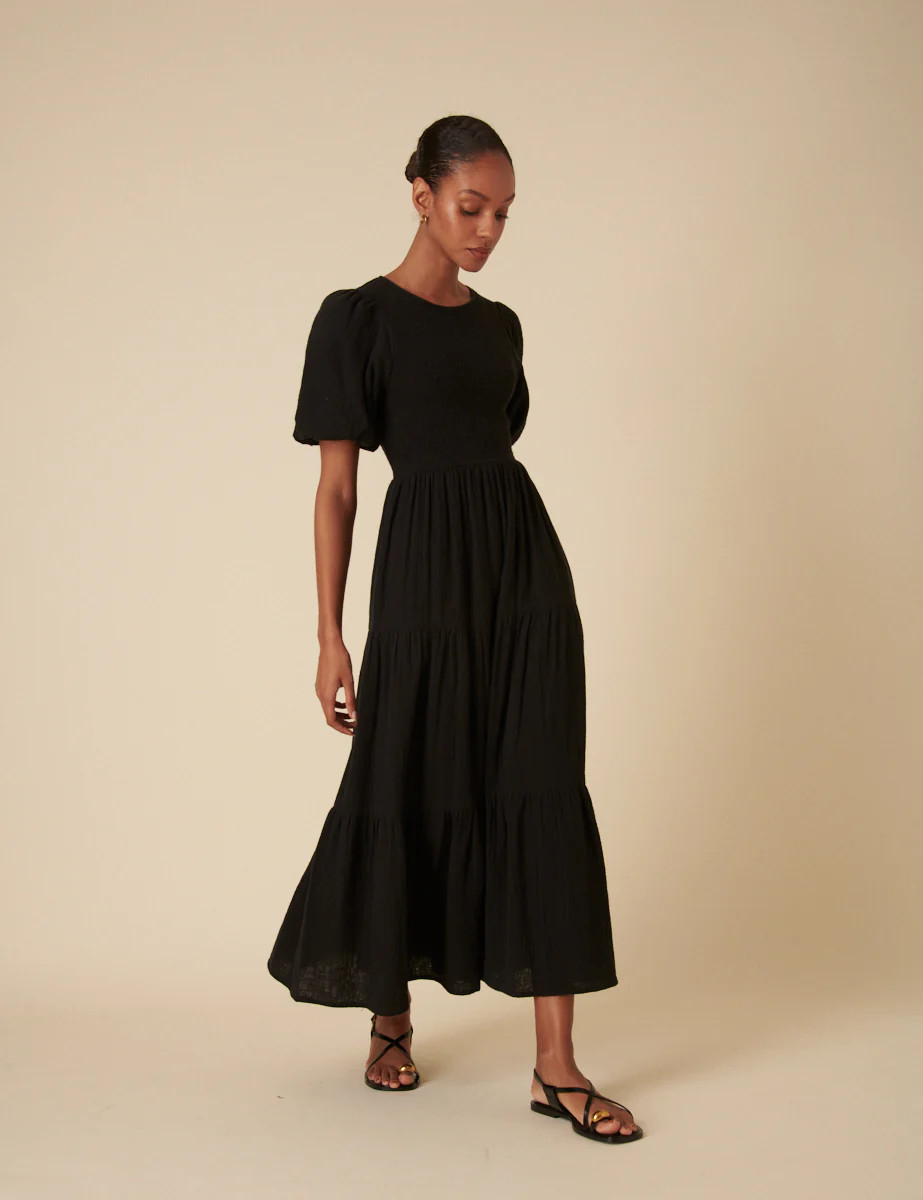 Black Tiered Charlie Puff Sleeve Midi Dress | Nobody's Child