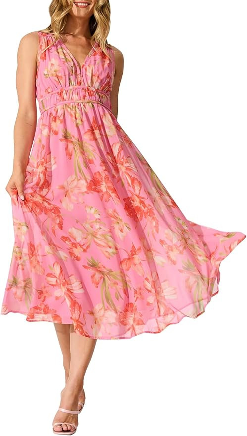 Womens 2025 Summer Sleeveless V Neck Boho Long Dress Floral Print Beach Maxi Sundresses | Amazon (US)