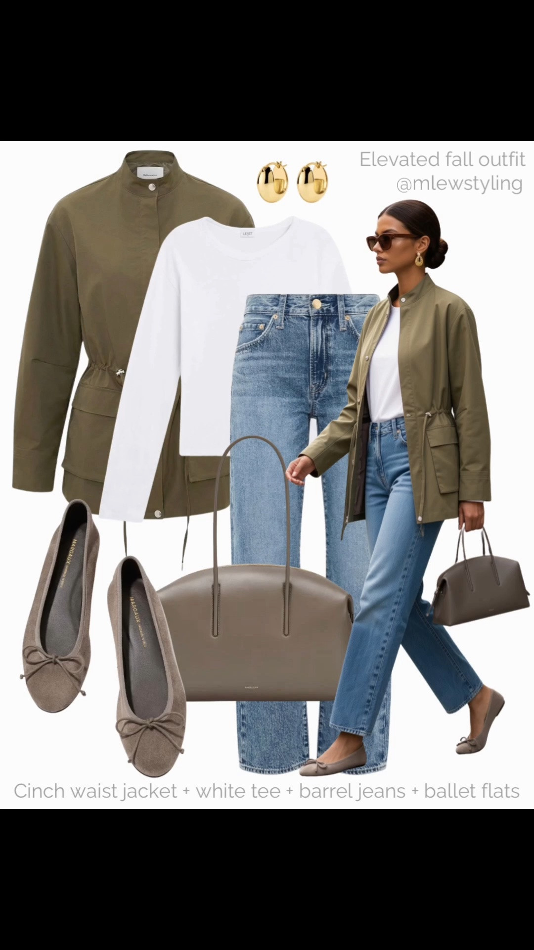 Elevated fall outfit for the weekend 🍃

Tags: cinch waist jacket, Leset white t-shirt, Pistola denim, barrel leg jeans, demellier leather bag, Margaux suede ballet flats, gold hoop earrings, autumn outfit formulas