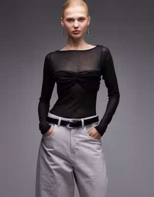ASOS DESIGN knit-look semi sheer long sleeve top with ruched bust overlay in black | ASOS (Global)