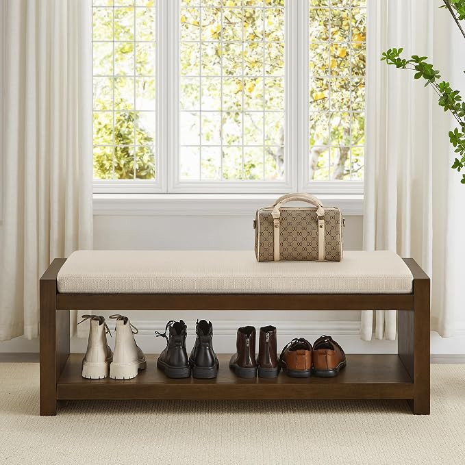 KEIKI Shoe Storage Bench, 2-Tier Farmhouse Entryway Benches with Removable Cushion, Wooden Uphols... | Amazon (US)