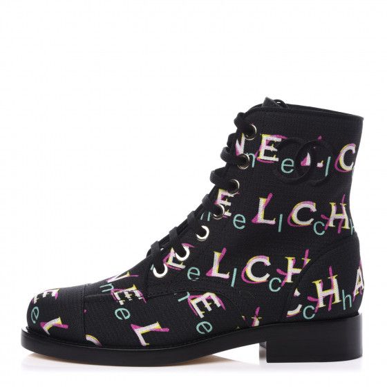 CHANEL Tweed Lace Up Short Boots 38.5 Black Ecru Green Red | Fashionphile