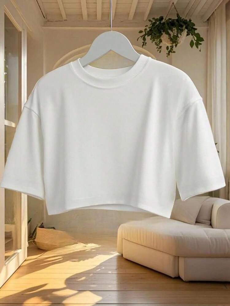 Women's Round Neck Short Sleeve Loose Fit Crop T-Shirt For Spring/Summer, Casual/Simple,For Office/Home/Street | SHEIN