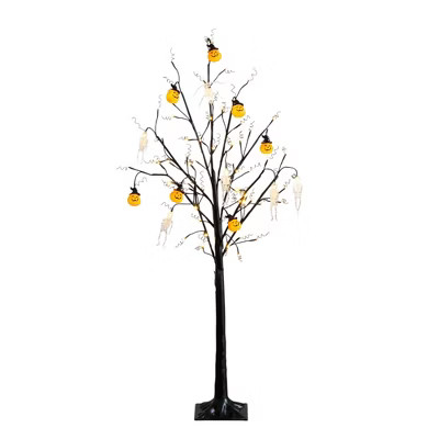 Nearly Natural 5-ft Pre-Lit Artificial Halloween Pumpkins and Skulls Ornament Tree with 72 Warm White LED Lights | Target