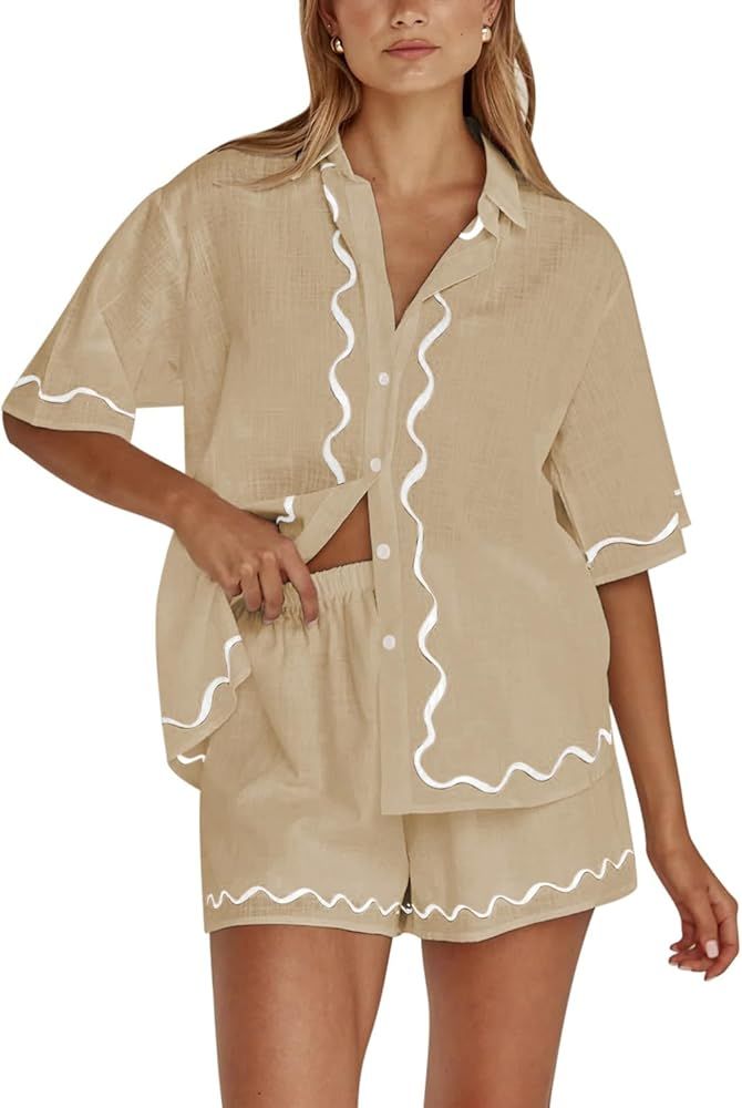 Fixmatti Women Two Piece Summer Sets Short Sleeve Button Down Shirts and Shorts Sets | Amazon (US)
