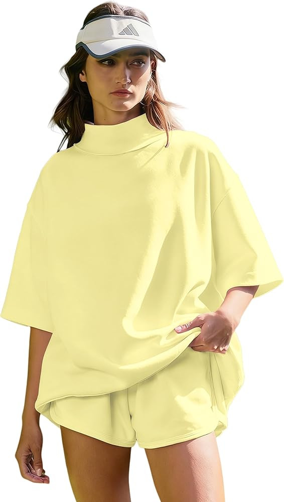 OCSTRADE Womens Two Piece Outfits Light Pink Solid Color Exposed Seam Mock Neck Oversize Tee Casu... | Amazon (US)