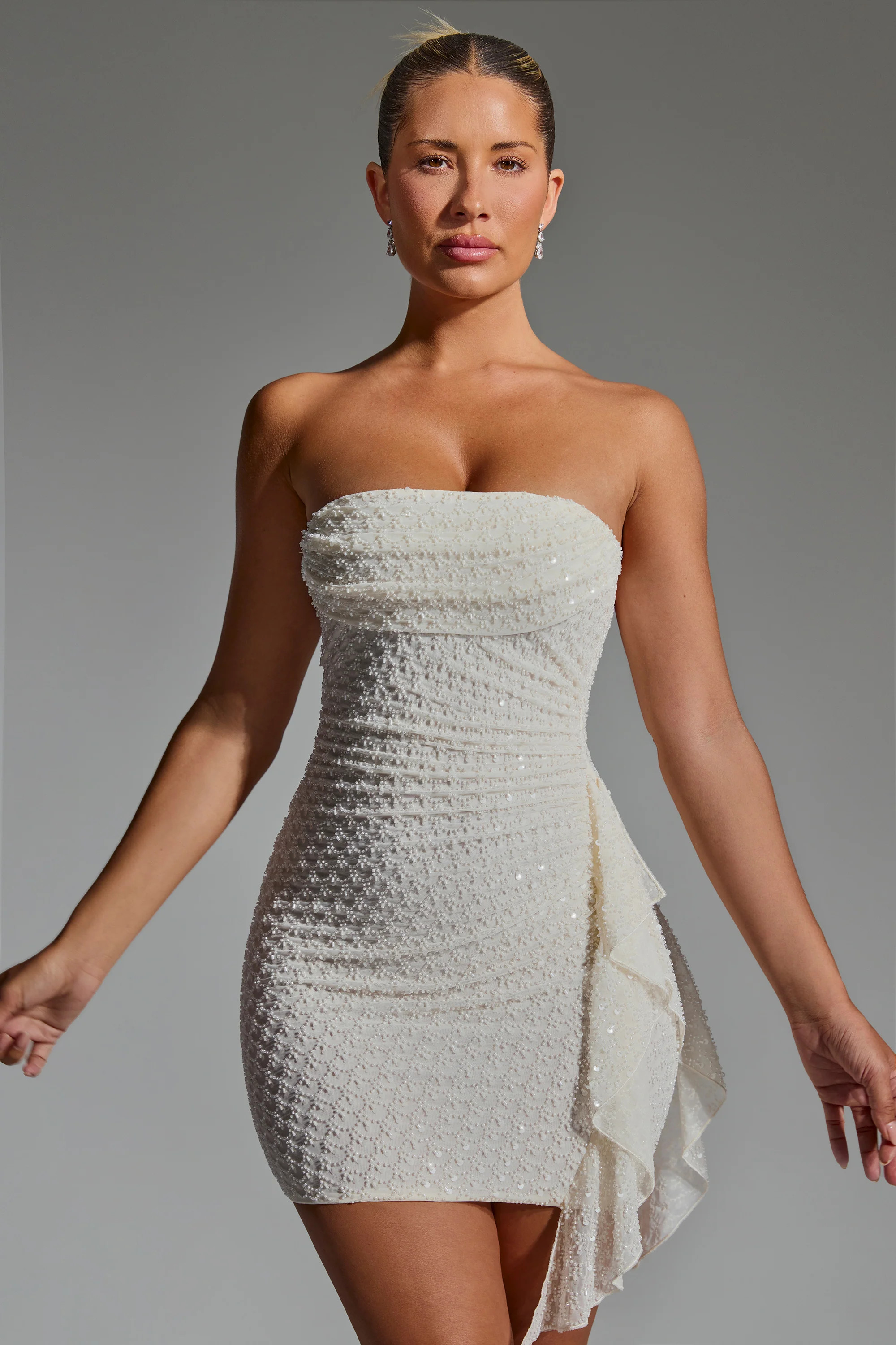 Embellished Ruffled Cowl-Neck Bandeau Mini Dress in White | Oh Polly