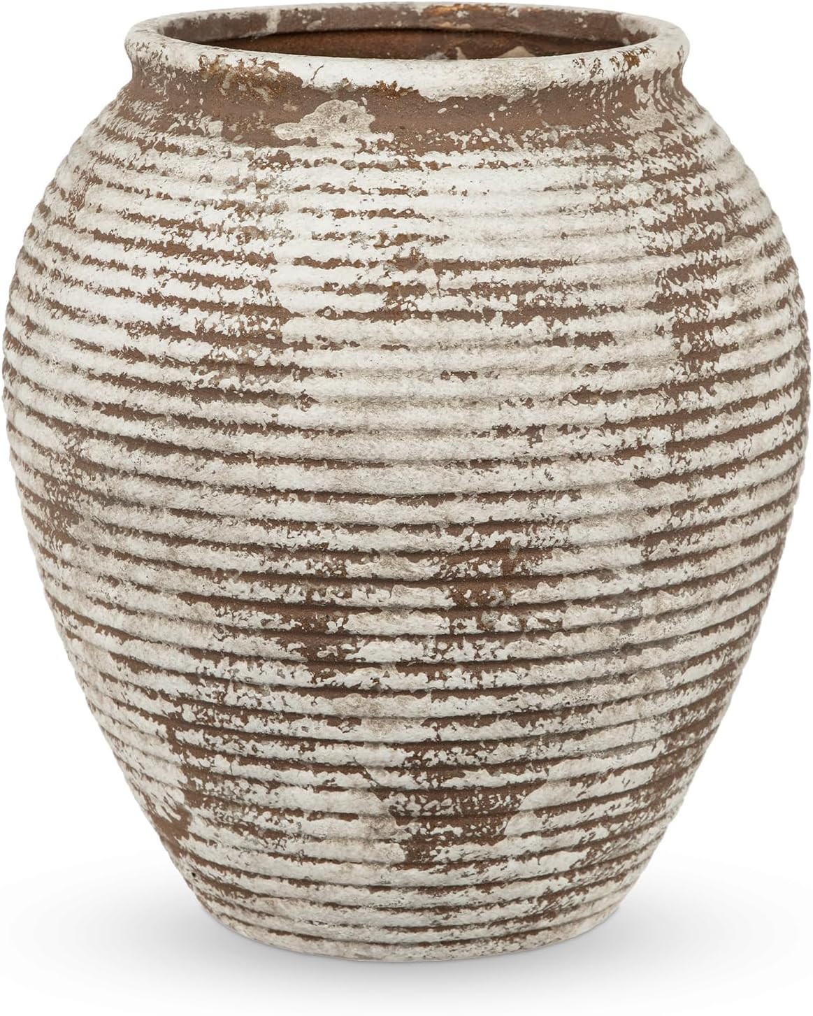 11" Rustic Ceramic Vase for Home Décor, Farmhouse Ribbed Pottery Vase for Pampas Grass & Dried Flowers, Decorative Flower Vase for Living Room Table Shelf Mantel Centerpiece, Brown-White Washed | Amazon (US)
