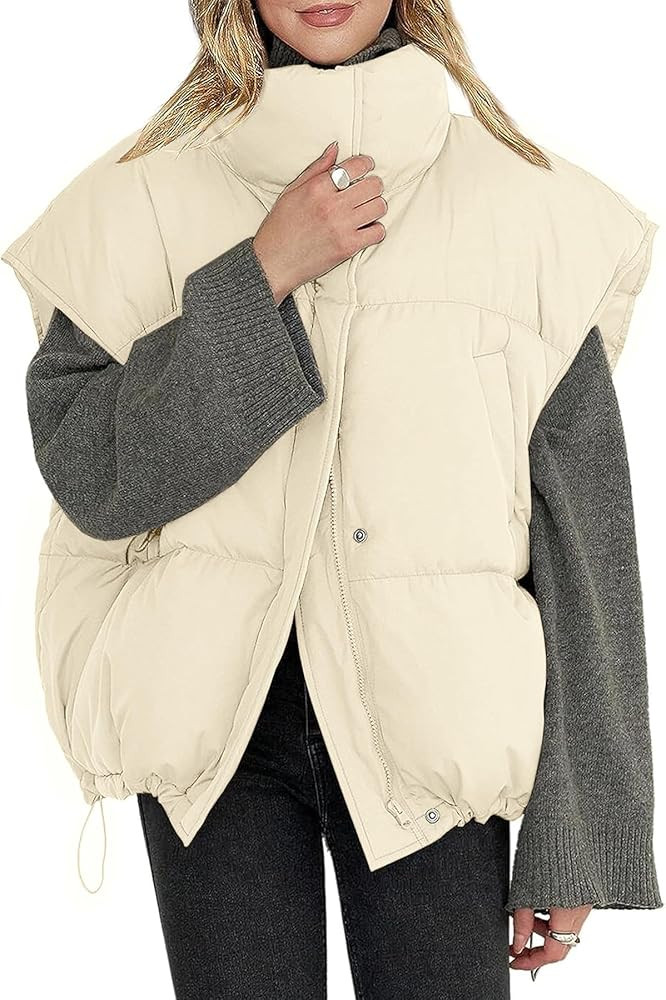 Veatzaer Womens Sleeveless Zip Puffer Vest Drawstrig Hem Oversized Stand Collar Warm Winter Coats | Amazon (US)