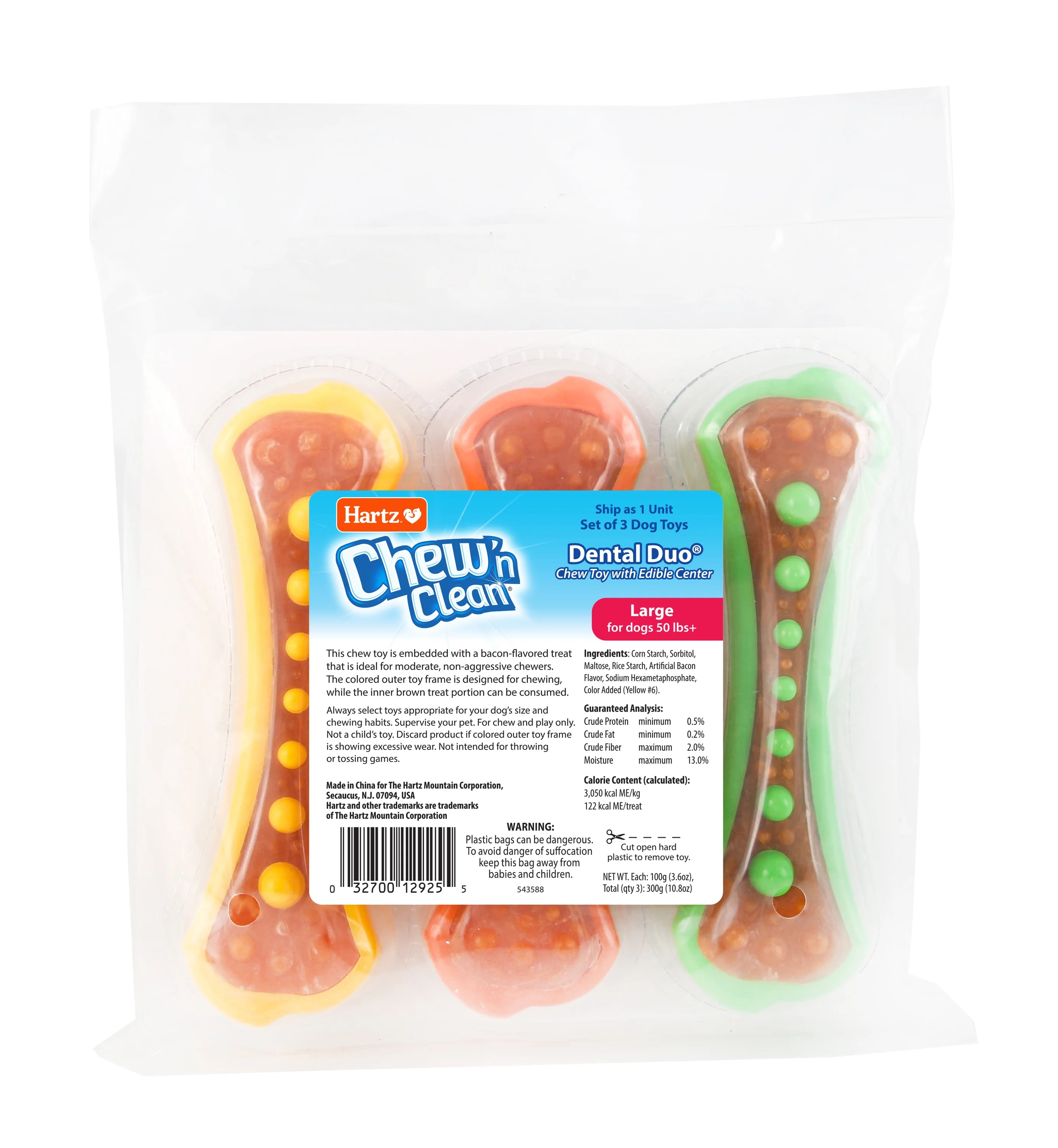 Hartz Chew 'n Clean Dental Duo Dog Treat & Chew Toy, Bacon Flavored, Color Varies, Large, 3 Pack | Walmart (US)