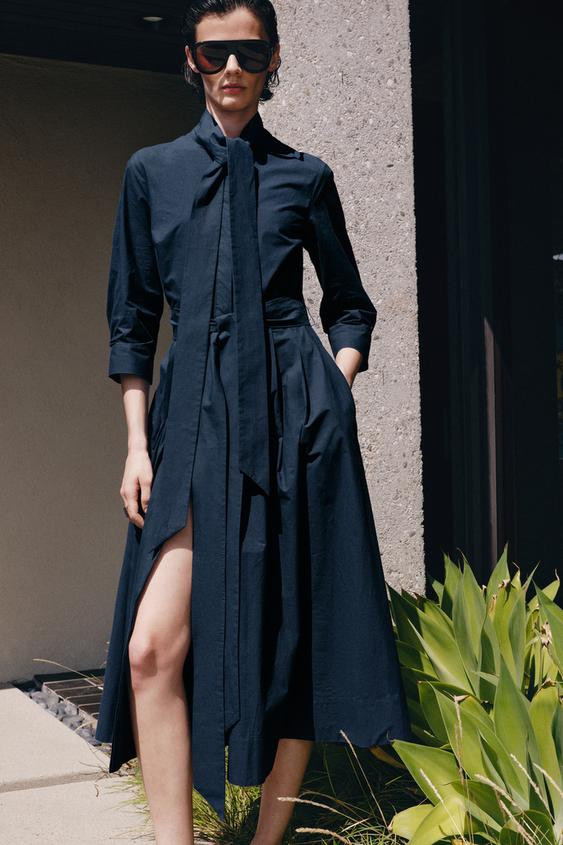ZARA WOMAN COLLECTIONMidi dress with main fabric made of cotton yarn. Tied neckline and sleeves b... | Zara US
