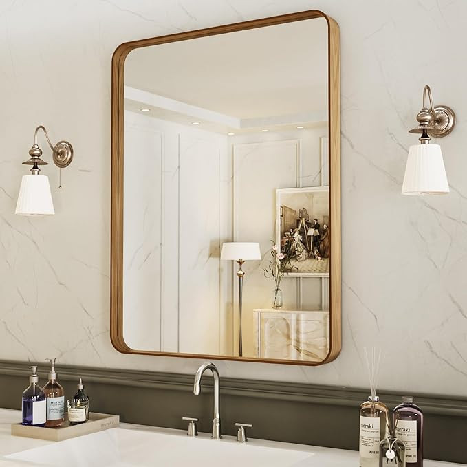 LOAAO 24X36 Inch Bathroom Mirror with Wood Grain Colored Metal Frame, Rounded Rectangle Metal Fra... | Amazon (US)