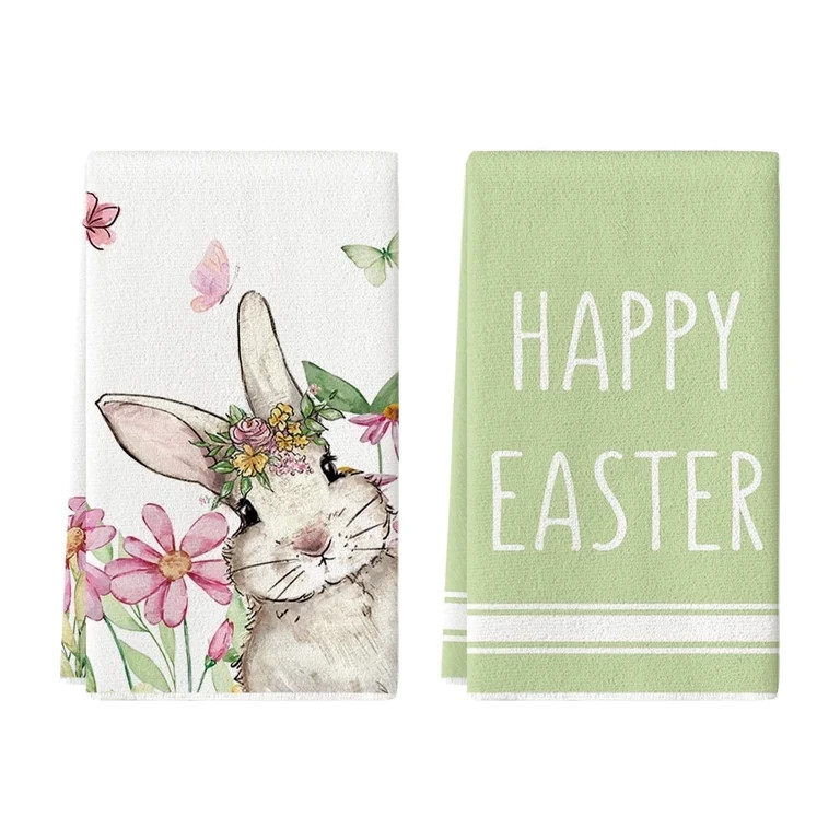 Sm:)e Floral Butterfly Bunny Easter Kitchen Dish Towels 18x26 Inch Set of 2 Green | Walmart (US)