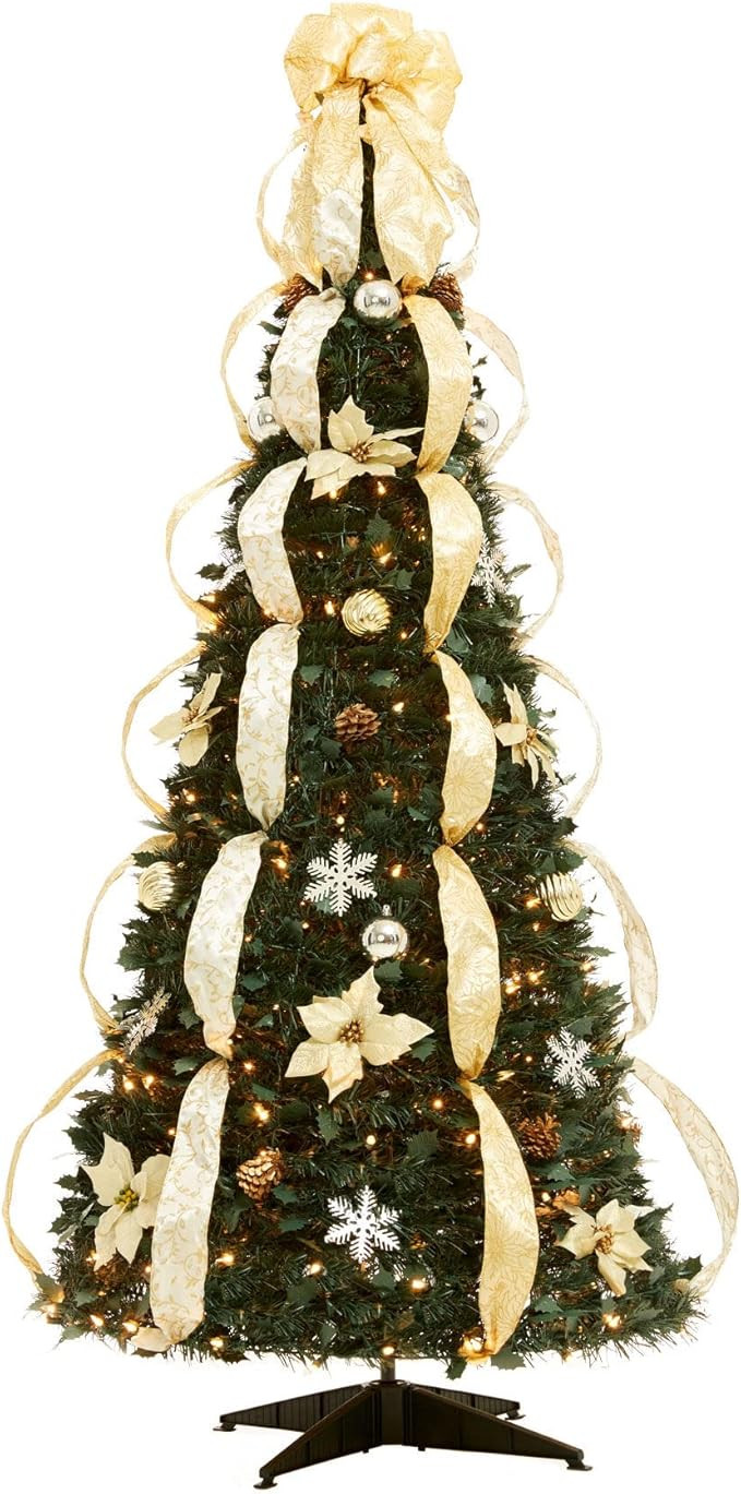 BrylaneHome Fully Decorated Pre-Lit 6 Foot Pop-Up Christmas Tree, Silver Gold Multicolored | Amazon (US)