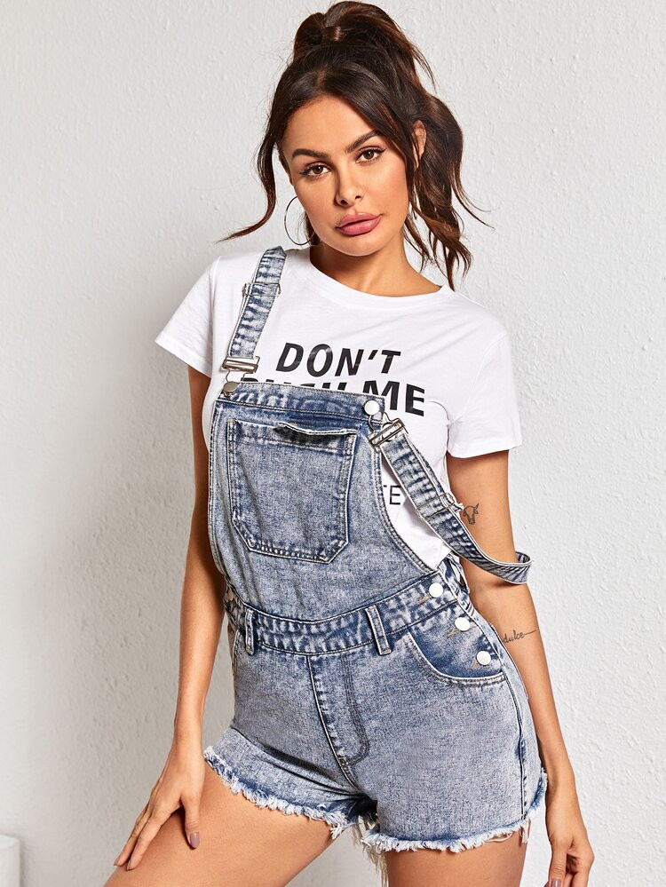 Acid Wash Raw Hem Denim Overall Shorts | SHEIN