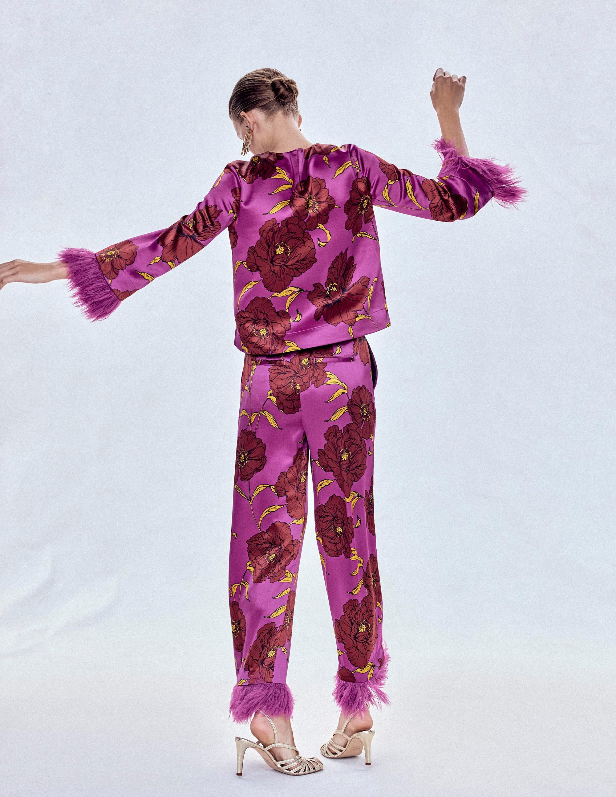 Faux Feather Trim Pants-Hollyhock Peony Bloom | Boden (US)