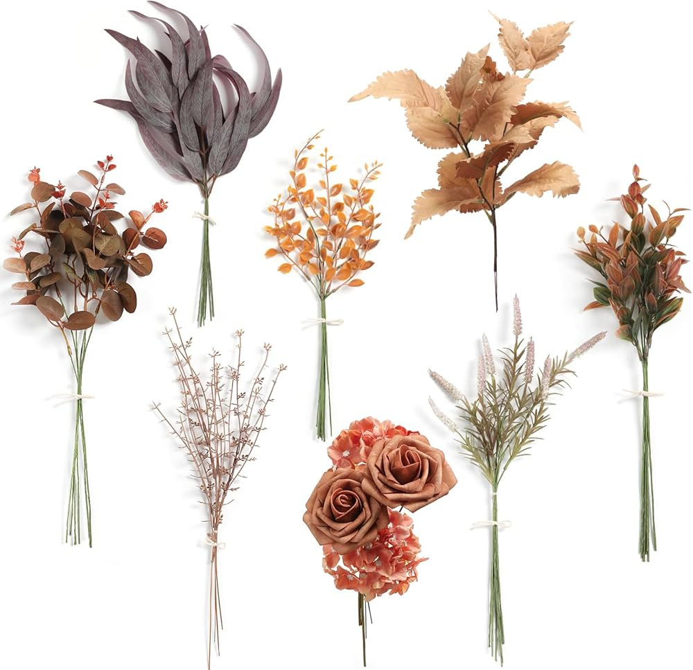 Koroni Flowers Burgundy Artificial Greenery Stems Box Set,48pcs with 8 Kinds of Faux Fall Greener... | Amazon (US)