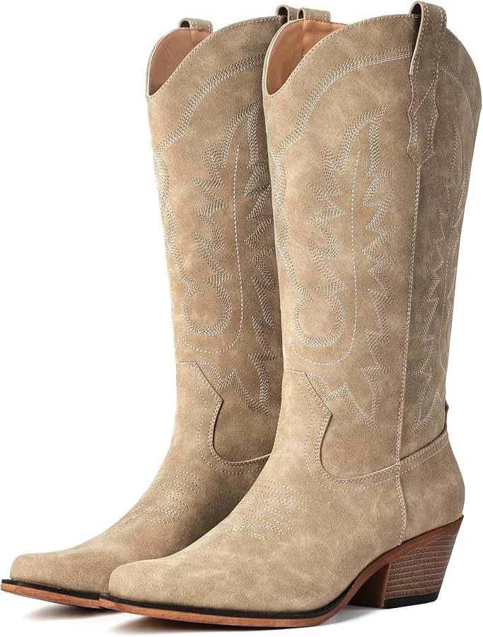 Women's Pointed Toe Mid Calf Cowboy Boots \u2013 Cowgirl Boots with Chunky Heel | Amazon (US)