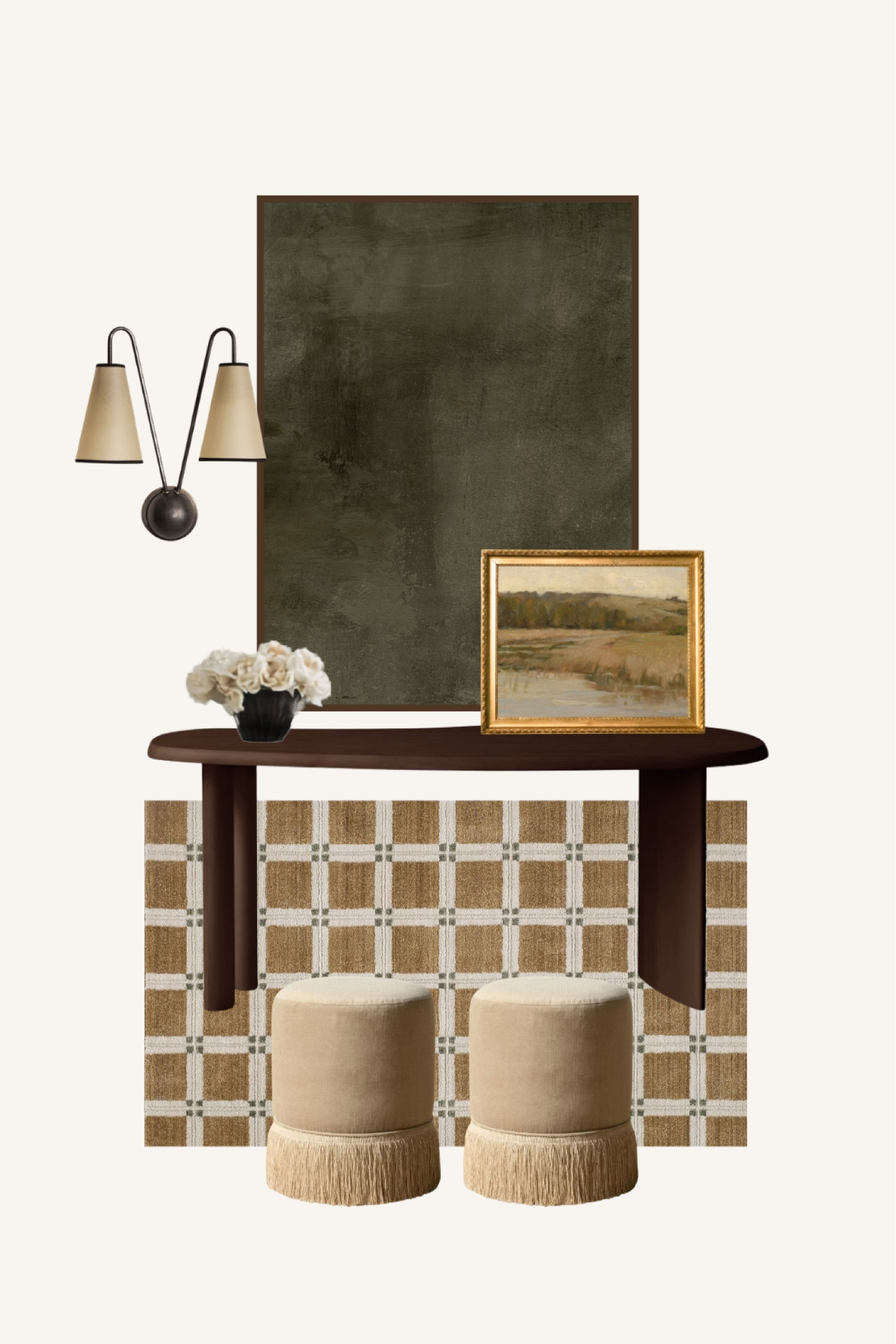 Moody and natural office space mood board with checkered rug, abstract green art, landscape painting and double light sconce

#LTKHome