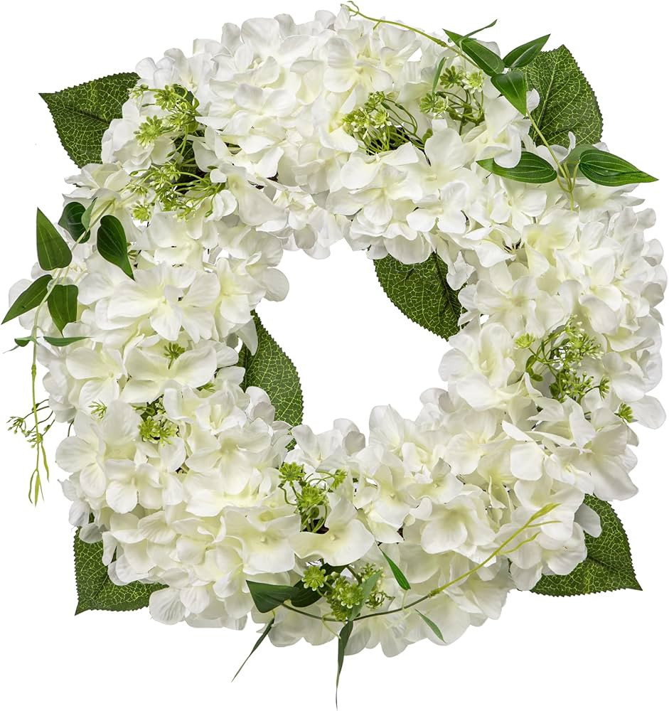 16'' Artificial Hydrangea Wreath - White Fake Flower Wreath, Faux Hydrangeas for Front Door, Flor... | Amazon (UK)