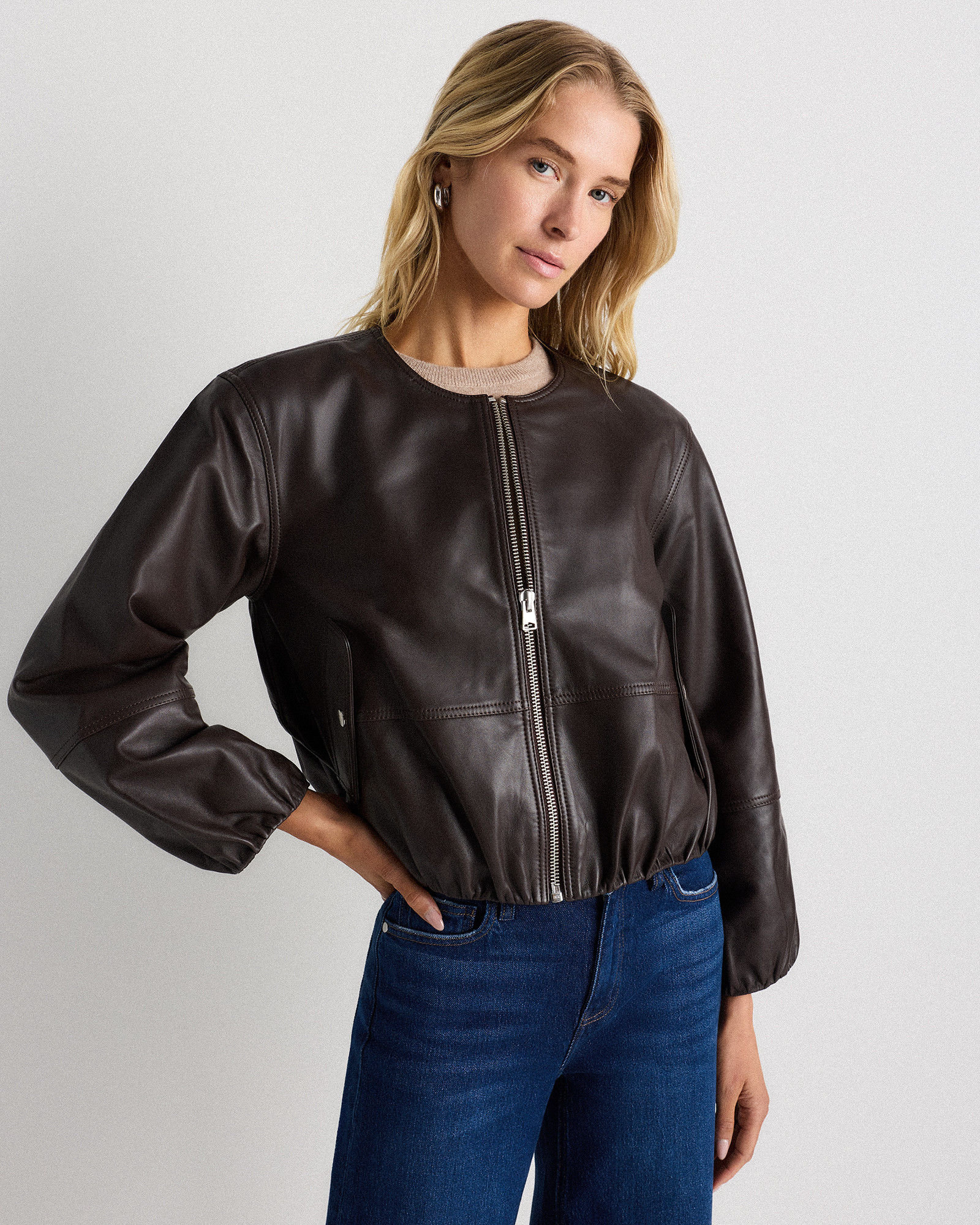 Quince | Women's Collarless Cropped Bubble Hem Jacket in Rich Brown, Size Small, Leather | Quince