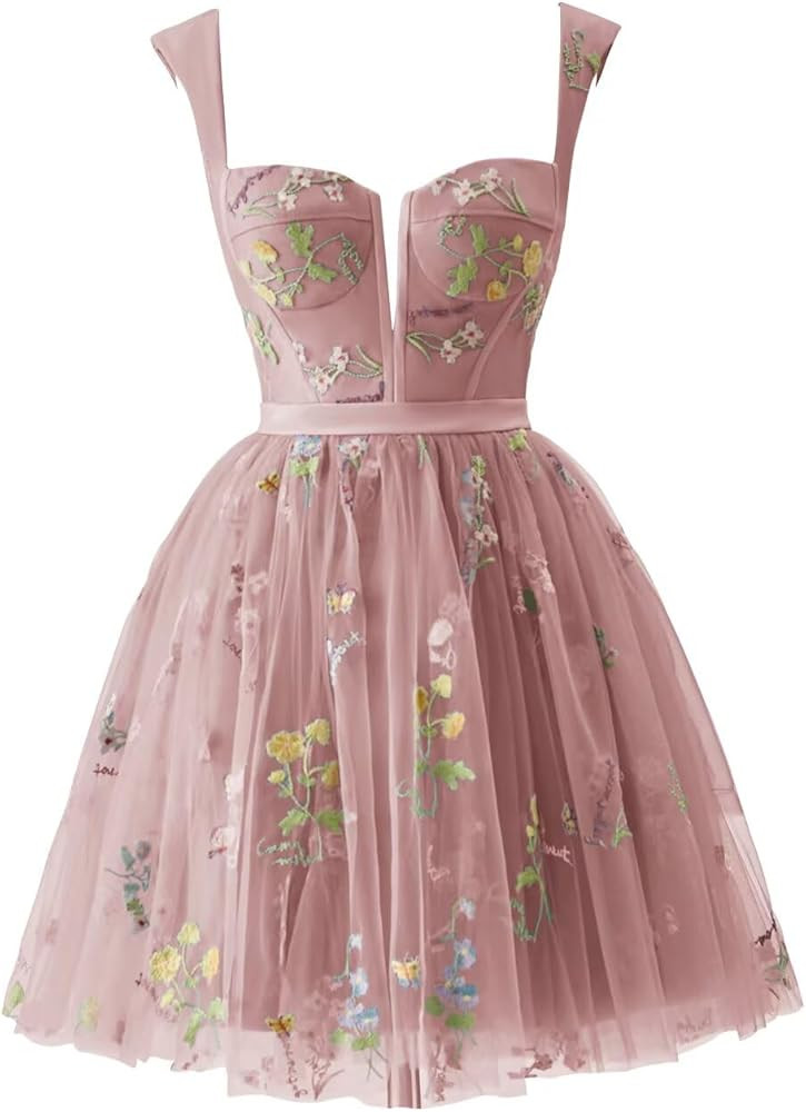 Wchecalino Women's Short Homecoming Dresses 2025 Flower Embroidery Tulle Prom Dress Formal Party ... | Amazon (US)