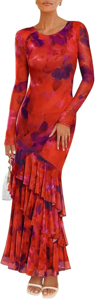 ZESICA Women's Long Sleeve Floral Bodycon Dresses 2025 Fall Fashion Mesh Ruffle Mermaid Wedding G... | Amazon (US)