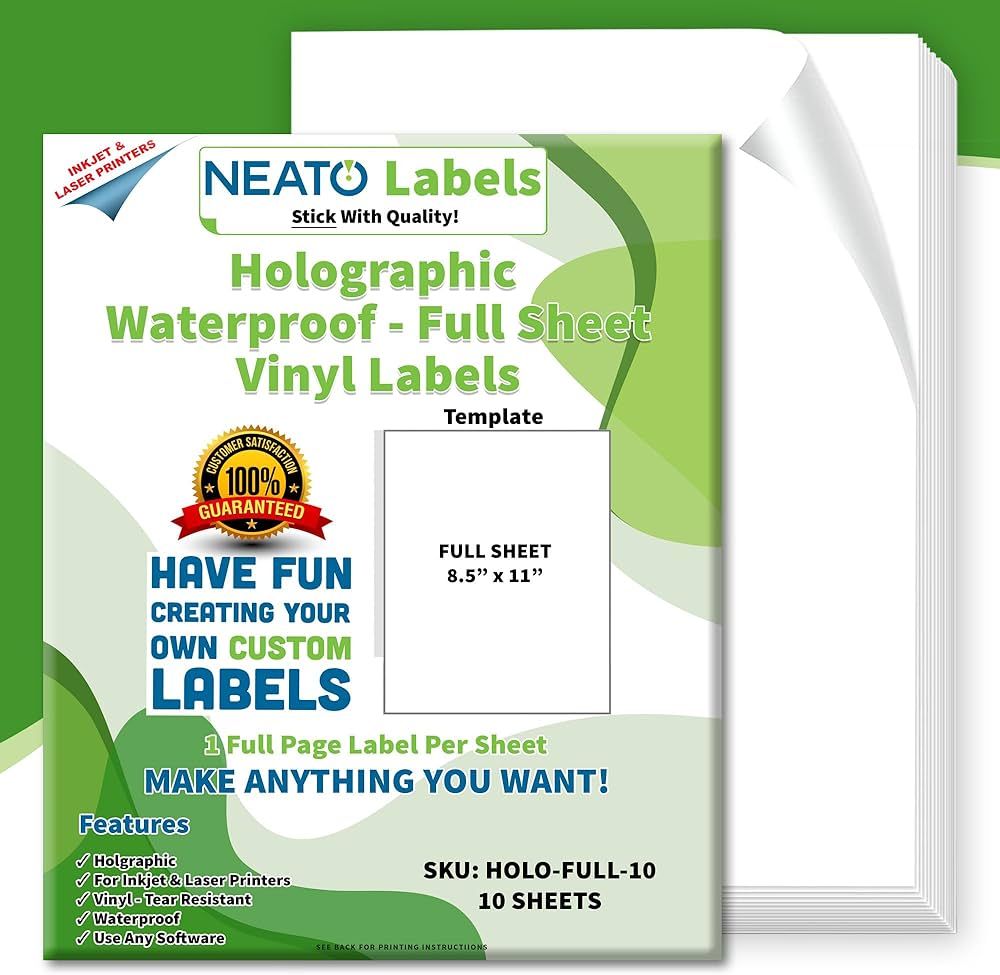 Holographic Vinyl Sticker Paper (8.5” x 11”) - Self-Adhesive, Waterproof, Tear-Resistant Cust... | Amazon (US)