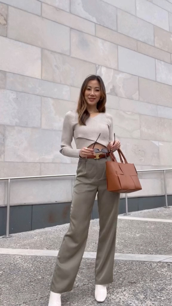 Workwear look with wrap sweater and trousers. Accessorized with my Celine belt and brown tote bag. A classy Chic look for the office and every day with a mix of affordable and designer pieces. This sweater is back in stock now, but the pants are sold out so here are some other affordable options.

#LTKfindsunder50 #LTKworkwear #LTKAsia