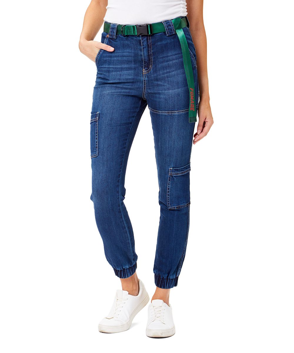 Dollhouse Women's Denim Pants and Jeans - Dark Wash Belted Cargo Joggers - Juniors | Zulily