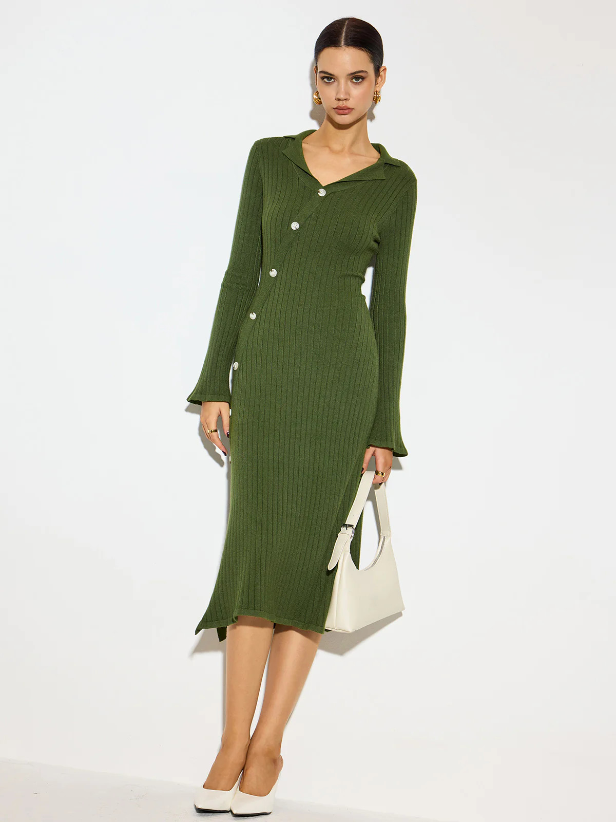 V-Neck Lapel Sweater Midi Dress | Commense