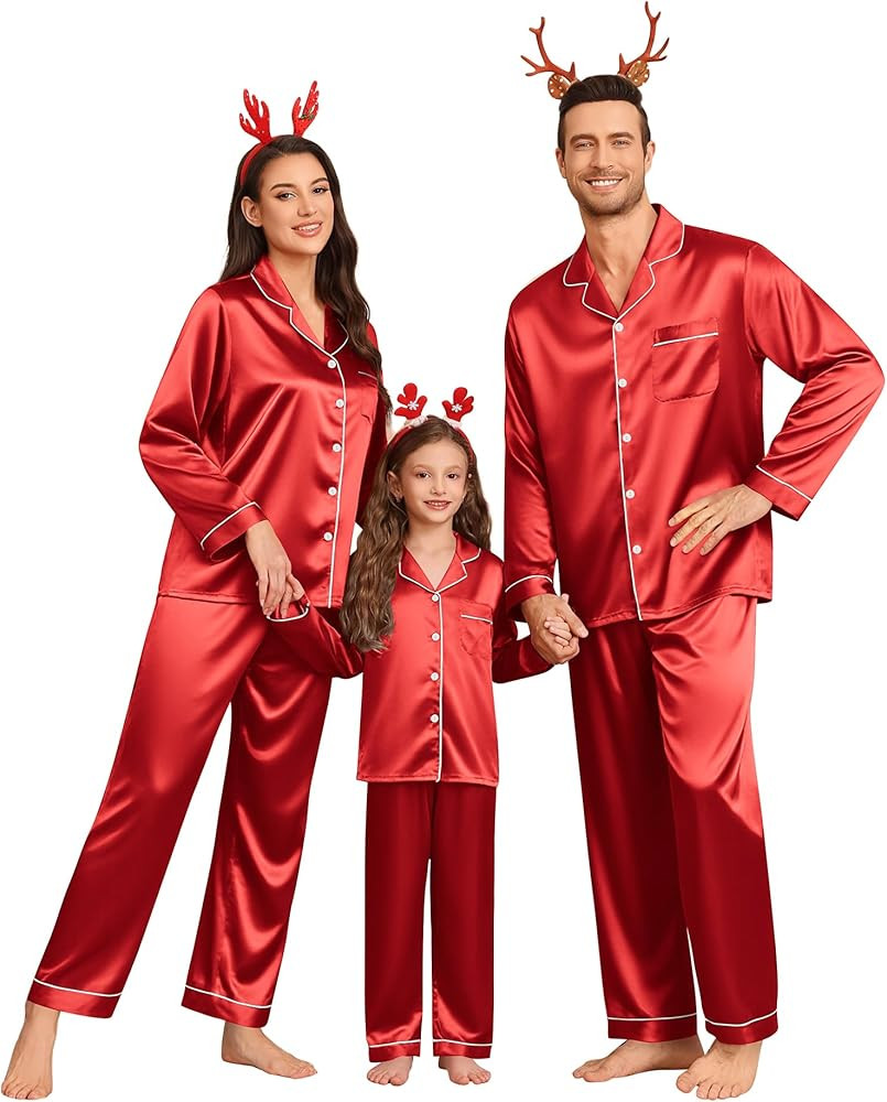 SWOMOG Family Matching Pajamas Set Silk Satin Button Down Sleepwear Long Sleeve Nightwear 2 Pcs P... | Amazon (US)