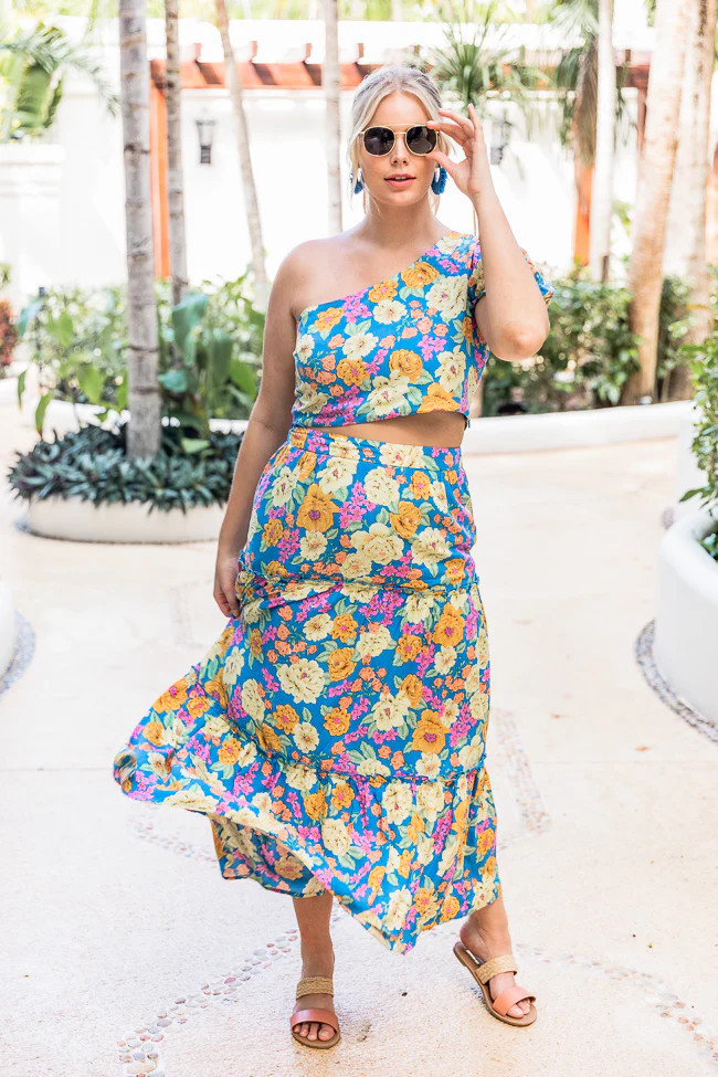 Summertime Blooms Blue Floral Maxi Skirt | Pink Lily