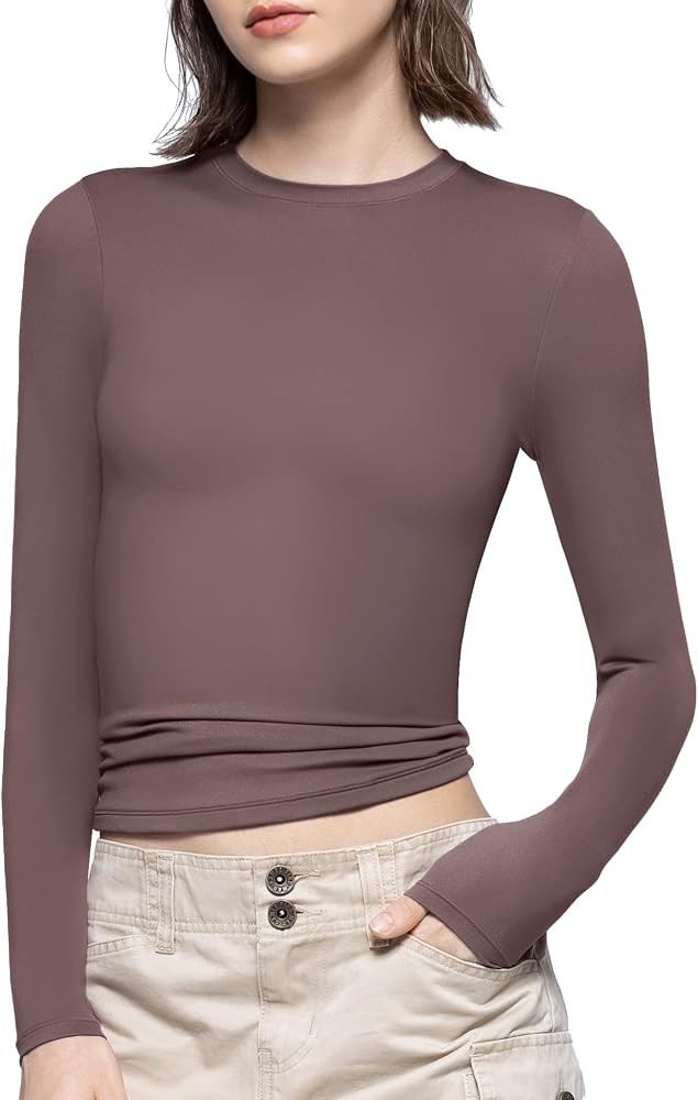 PUMIEY Long Sleeve Shirts for Women Crew Neck Slim Fit Tops Sexy Basic Tee, Pimento Small at Amaz... | Amazon (US)