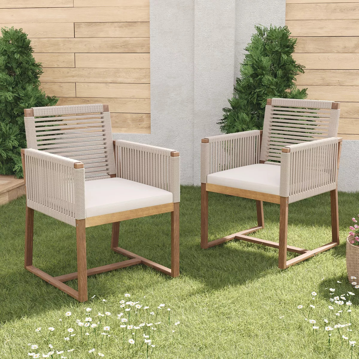 Set of 2 Acacia Wood Patio Chairs with Handwoven Rope Back & Arms, Outdoor Dining Chairs with Wat... | Target