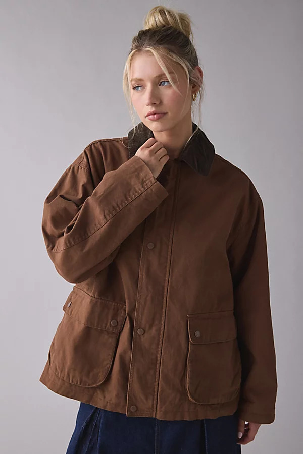 BDG Nina Flannel Lined Cotton Canvas Barn Jacket in Brown, Women's at Urban Outfitters | Urban Outfitters (US and RoW)