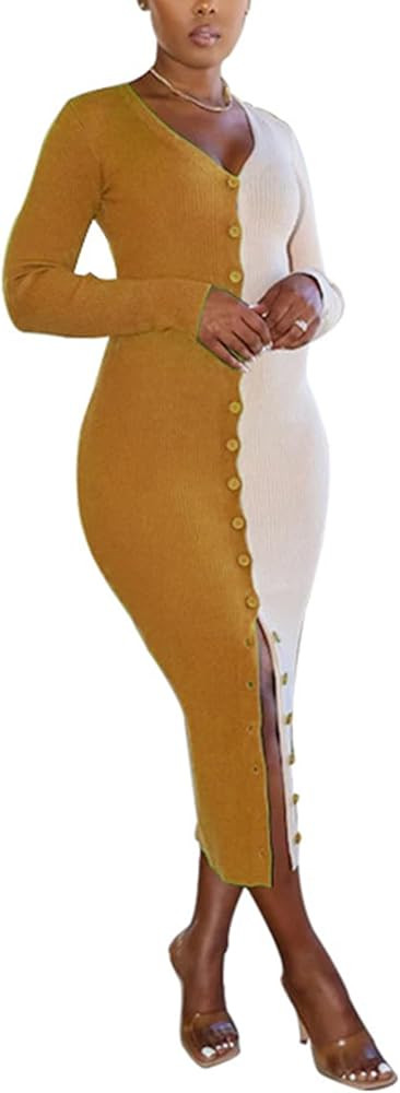 Tcremisa Women's Stretchy Rib Knit Dress Color Block Long Sleeve Bodycon Button Down Sweater Dres... | Amazon (US)
