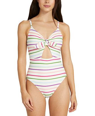 Women's Striped Bunny-Tie Cut-Out One-Piece Swimsuit | Macy's