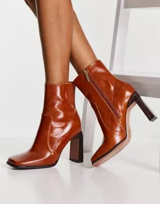 ASOS DESIGN Embrace leather high-heeled square toe boots in tan | ASOS (Global)