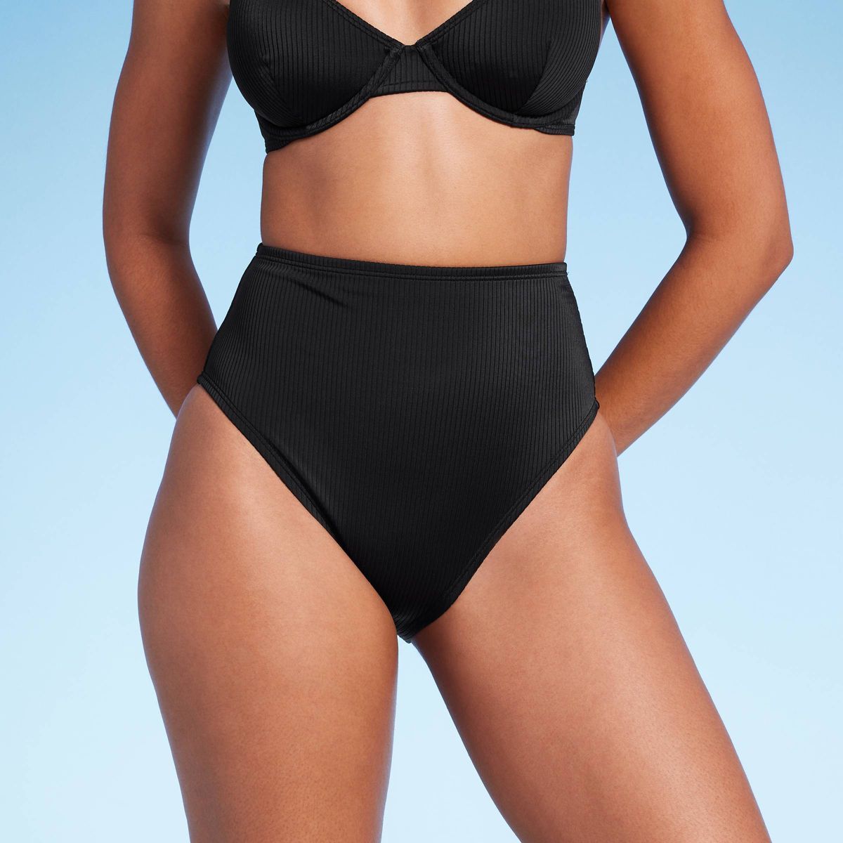 Women's High Waist High Leg Ribbed Medium Coverage Bikini Bottom - Shade & Shore™ Black L | Target