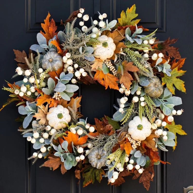 Fall Lambs Ear and Pumpkin Wreath Autumn Berry Wreath - Etsy | Etsy (US)