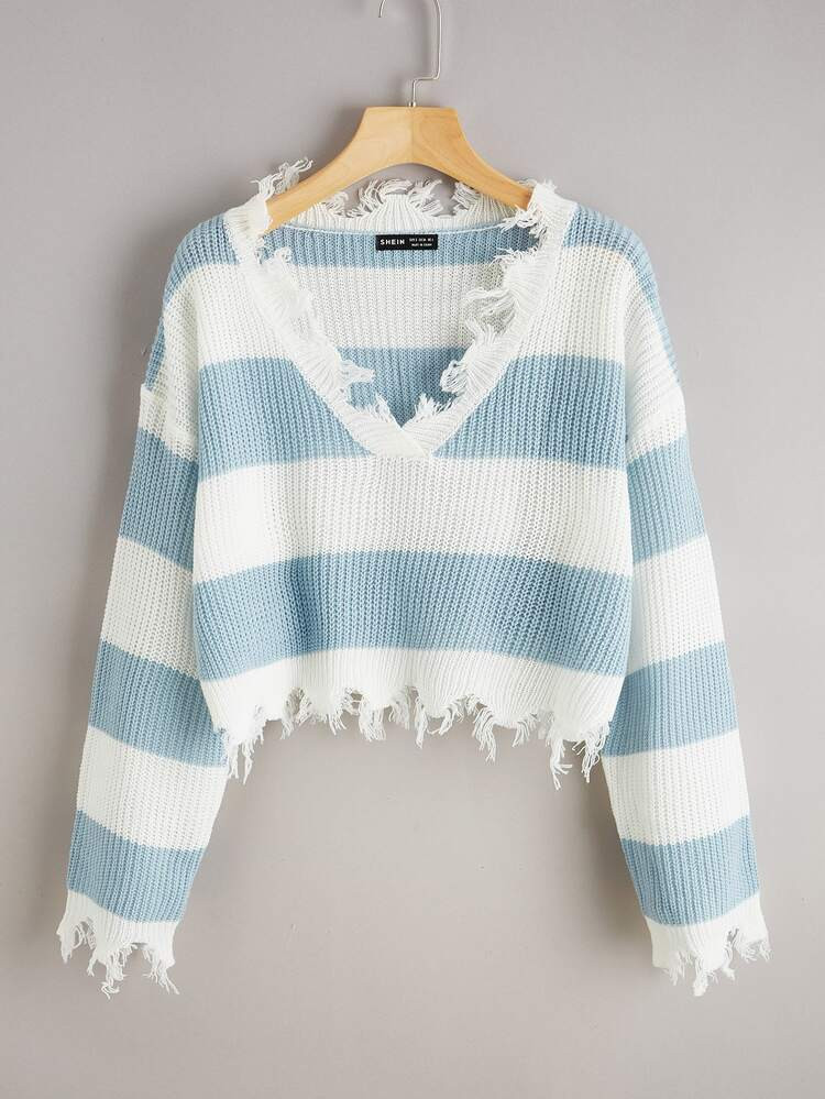 Distressed Trim Color Block Sweater | SHEIN