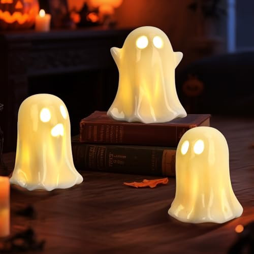 Ghost Halloween Decor - 3Pcs Ceramic Halloween Ghost Decorations Indoor, Light Up Glazed White Ghost Figurines Cute Ceramic Ghost Sculpture for Halloween Night Light Table Tray Decor | Amazon (US)