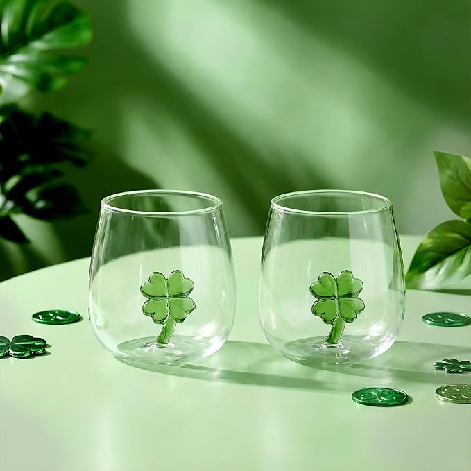 2 Pcs 3D St. Patrick's Day Four-leaf Clover Stemless Wine Glass 18 oz Drinking Glasses Cup With F... | Amazon (US)