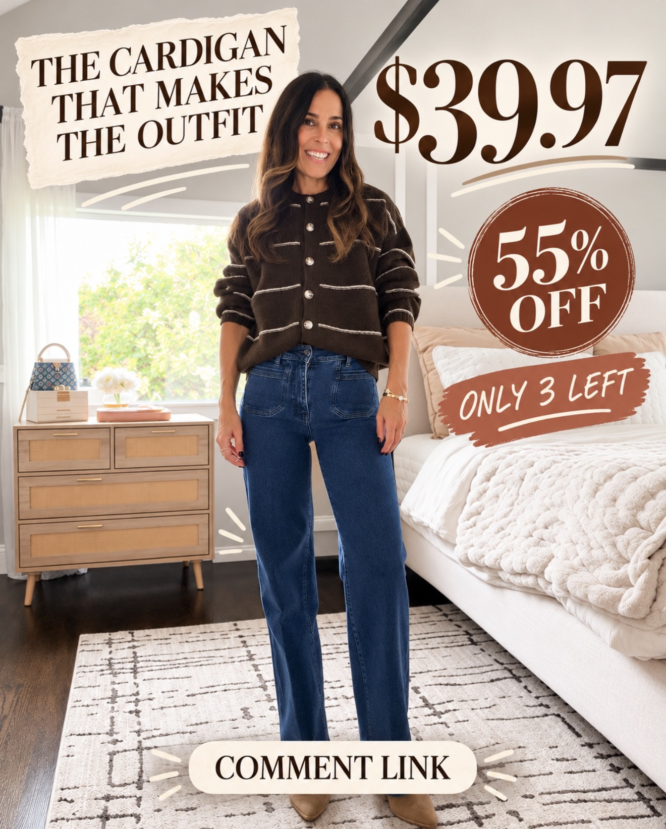 This is the cardigan that makes the whole outfit 🤎 The chocolate brown, contrast stripes and oversized buttons are SO good. It’s $39.97, 55% off—and only 3 left!

Comment LINK and I’ll send it to you.

#LTKOver40 #LTKSeasonal #LTKootd