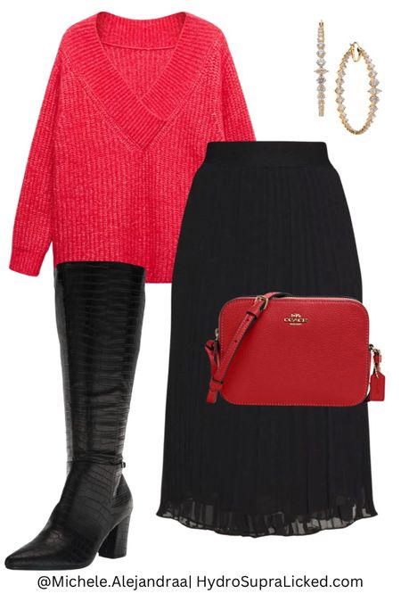 Valentine’s outfit
Red sweater, black pleated skirt, black wide calf boots, red Coach camera bag with diamond hoop earrings.

#LTKsalealert #LTKMostLoved #LTKSeasonal
