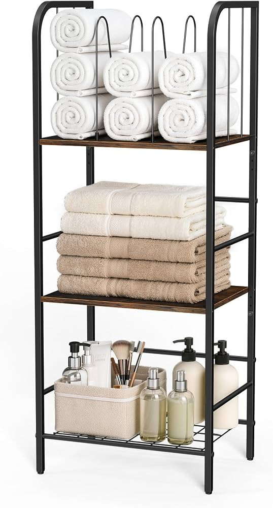 3-Tier Free Standing Towel Rack | Rustic Brown and Black Metal Frame|Space-Saving Vertical Storag... | Amazon (US)