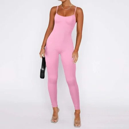 Jumpsuit Women Workout Seamless Jumpsuit Yoga Ribbed Bodycon Spaghetti Strap Leggings Romper Pink Women S Polyester Jumpsuit S | Walmart (US)